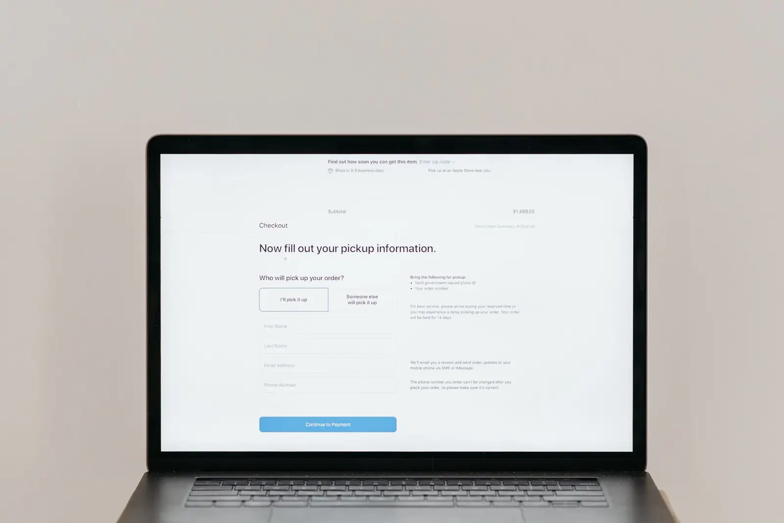 Laptop showing an order checkout screen